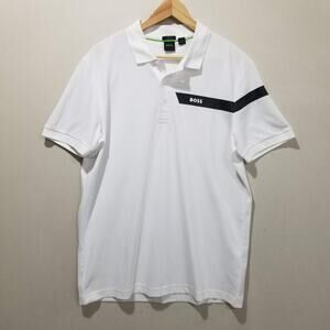 Boss Paule Polo Shirt Mens XL White Slim Fit Stretch Colorblock Logo Casual